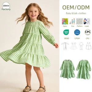 Custom Girls' Skirt 100% Cotton Yarn Dyed Gingham Kids Dress Long Sleeve Tiered Casual Girls Dress Baby Girl's Clothing for 0-8T