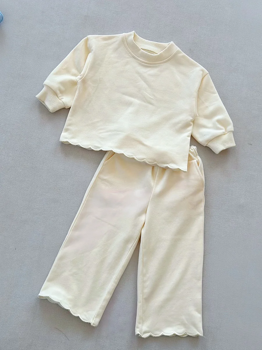 Top Selling Unisex Kids Long Sleeve Solid French Terry Scallop Sweatshirt Casual 2 Pcs Set for Baby Kids - Image 4