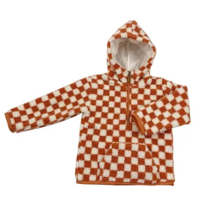 Custom Toddler Boys Girl Winter Checkerboard Hooded Sherpa Warm Coat Half Zip Front Pocket Thick Jacket