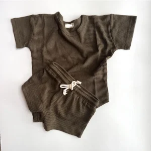 High Quality Baby Clothing Sets Waffle Stretch Tshirt Matching Drawing Short Lounge Set Unisex Outfit