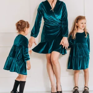 Classic Retro Mommy and Me Girls Long Sleeve Velvet Princess Dress with Elastic Cuffs Dress