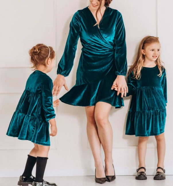 Classic Retro Mommy and Me Girls Long Sleeve Velvet Princess Dress with Elastic Cuffs Dress