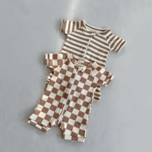 New Arrival Summer Kids Boys Girls Checkerboard Short Sleeve Knitted Cotton Romper Baby Clothes
