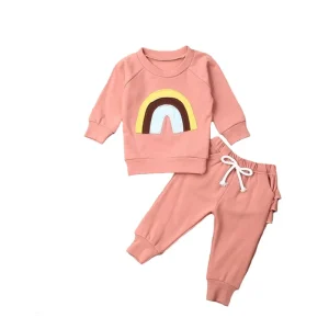 Fancy Fall Kids Clothes Sets Blank Cotton Long Sleeve Raglan rainbow Embroidery Shirts Match Butt Ruffle Pants Baby Girl Outfits