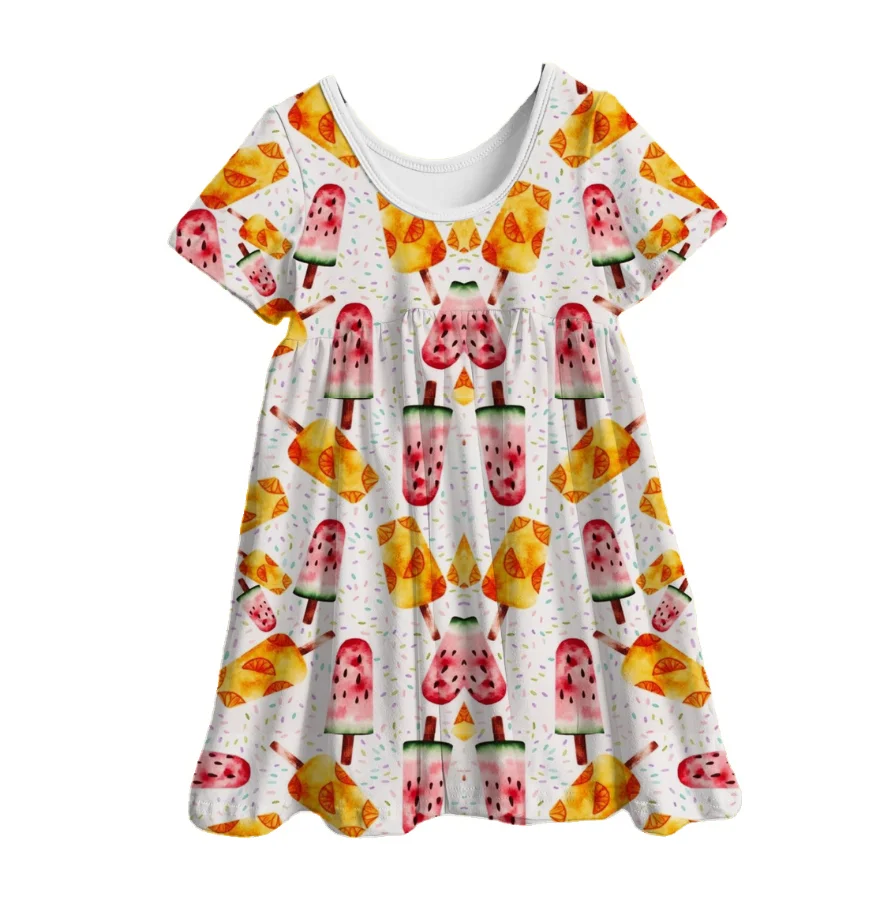Summer Fruit Ice Cream Bamboo Print Baby Girls Dress Back to School Pattern Casual Short Sleeve Kids Dresses - Image 3