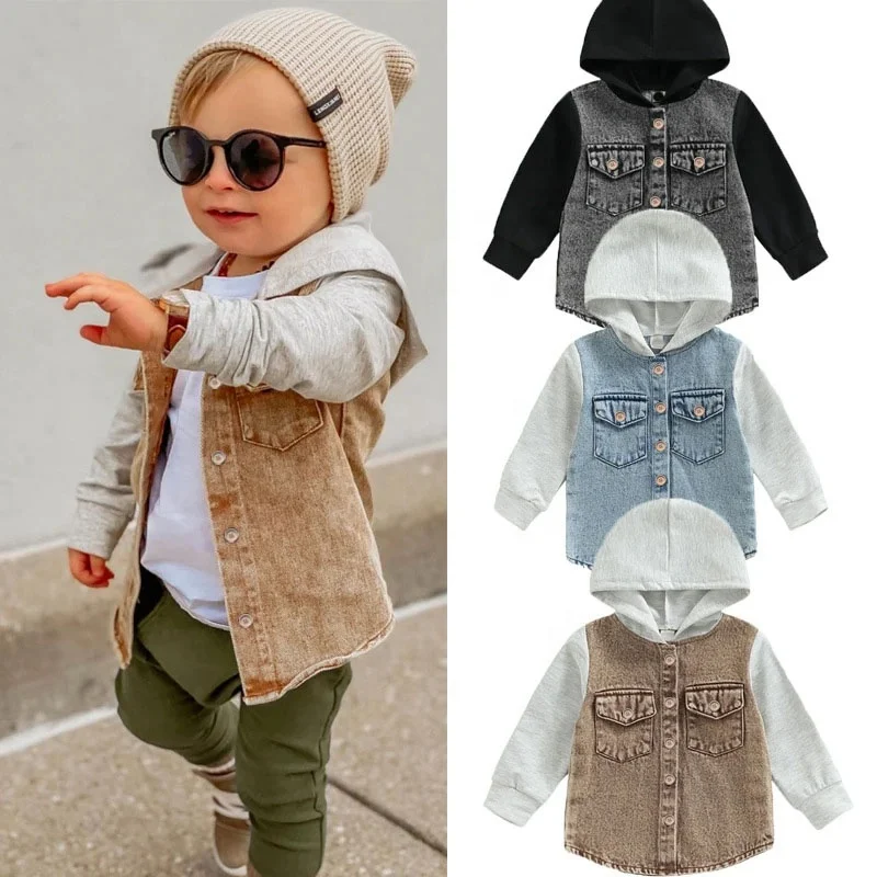 Custom Fall Button Baby Kids Washed Denim Coat Block Cotton Hood Jacket - Image 2