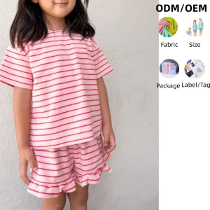 Kids Terry Cloth Stripe Short Sleeve Top and Ruffle Hem Shorts Set Breathable Girl Beach Wear Baby Clothing Set