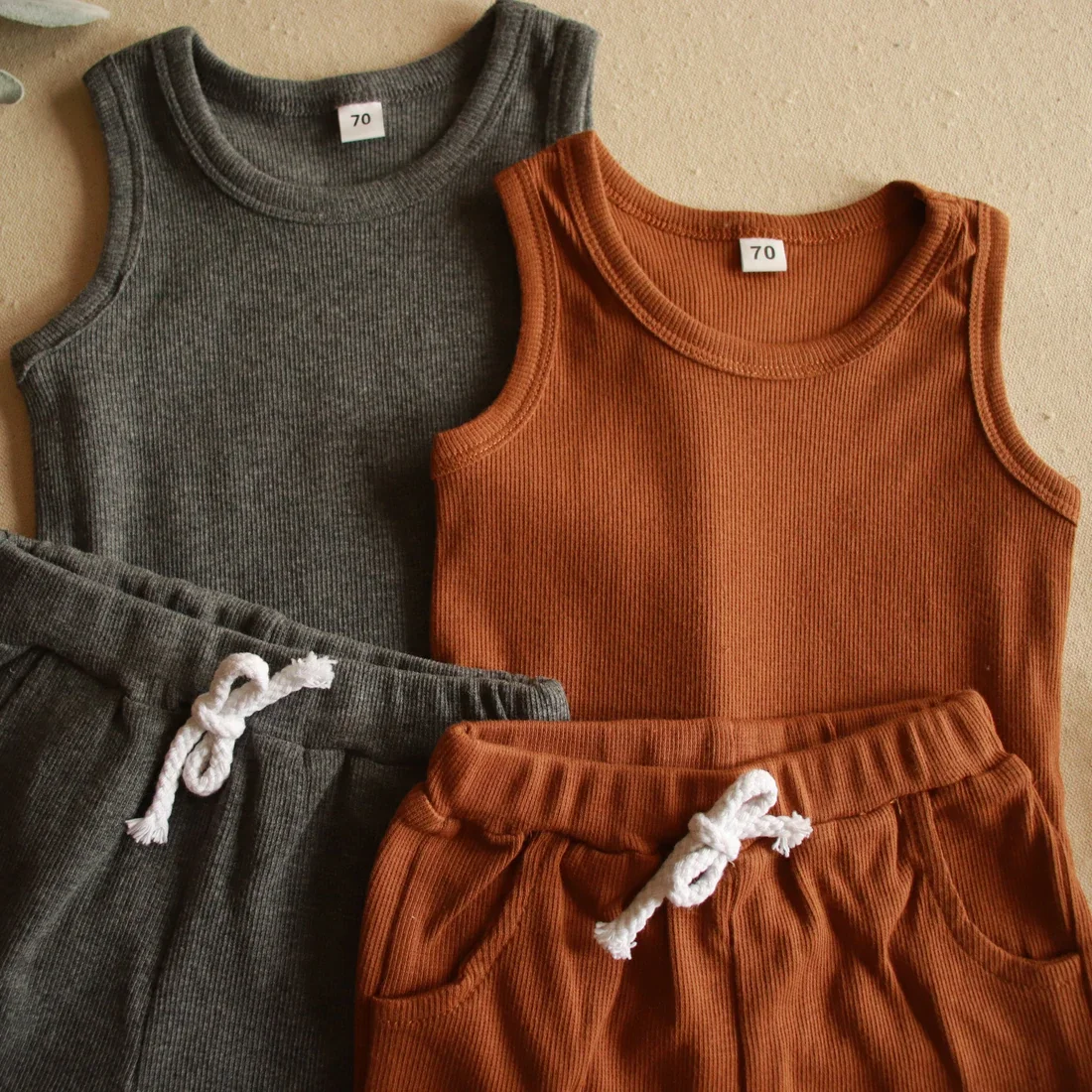 Custom Knitted Rib Cotton Solid Casual Sleeveless Unisex Baby Clothing Sets for Summer - Image 6