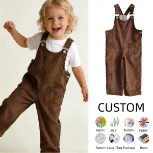 OEM Baby Clothing Wholesale  Corduroy Overalls, Adjustable Straps Jumpsuits with Pockets Vintage Wide Leg Bib Pants for Kids