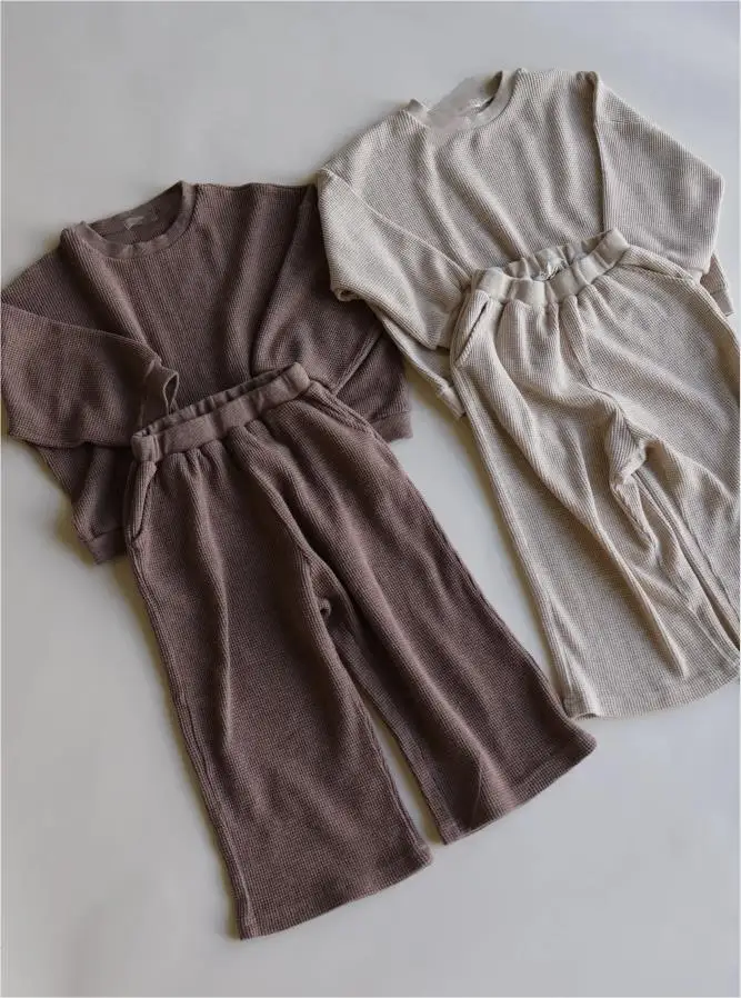 Custom New Design Oversize Solid Color Flare Waffle Cotton Casual Kids Pullover Set 2 Piece Clothes Set - Image 2