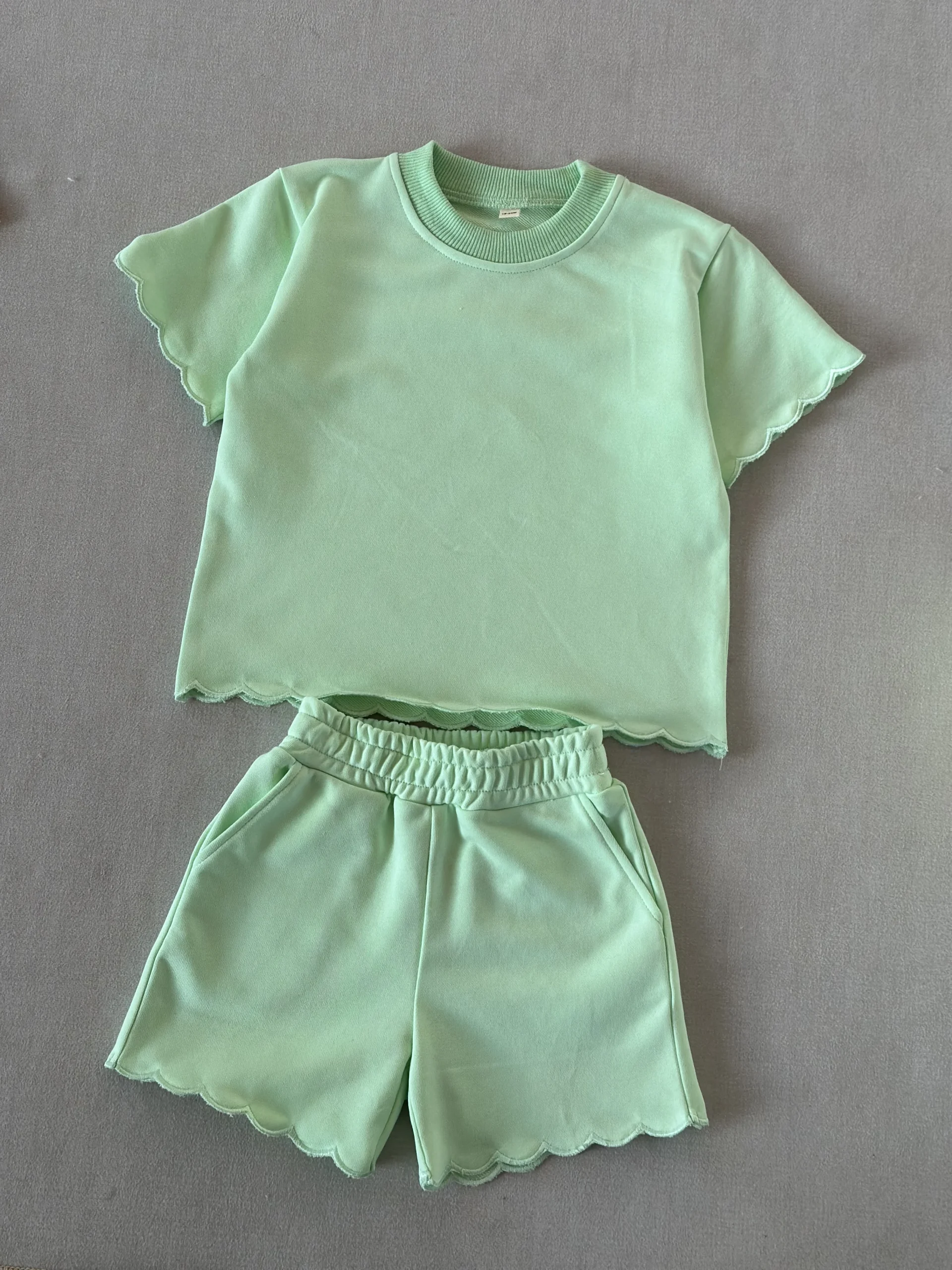 Top Selling Unisex Kids Candy Color Solid French Terry Scallop Sweatshirt Casual 2 Pcs Set for Baby Kids Kids Clothes Set - Image 6