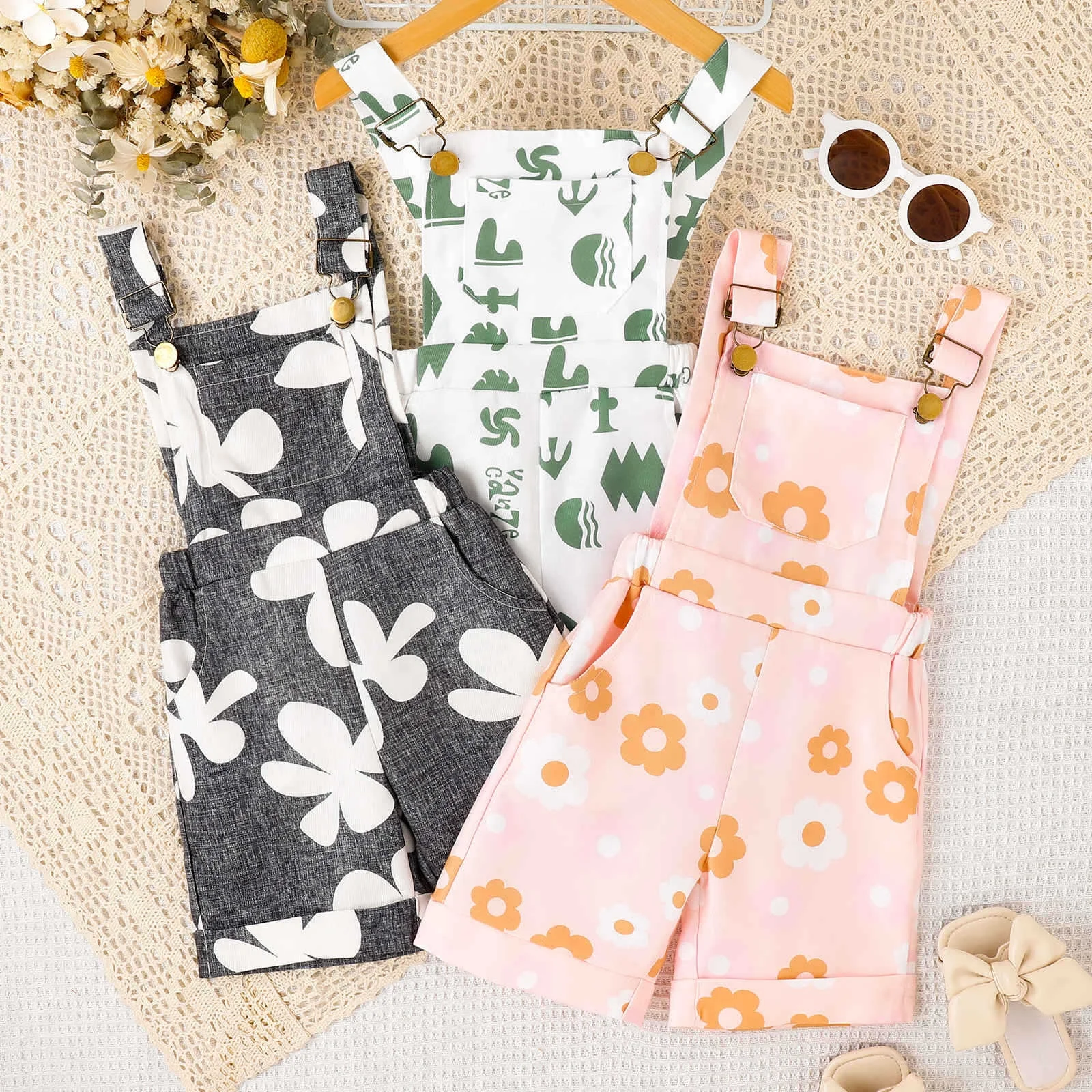 RTS Baby Toddler Girl Overalls Flower Sun and Cow Print Summer Short Overalls - Image 2