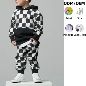 Toddler Boys Checkered Hoodie Jogger Set French Terry Cotton with Kangaroo Pocket 2pcs Baby Clothing Set