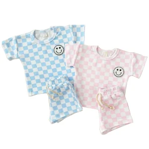 Checkerboard Print and a Little Smile Face Summer Baby Set Short Sleeve Shirt and Shorts Outfit