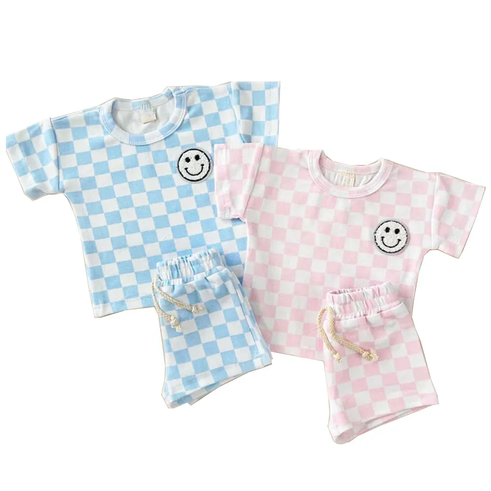 Checkerboard Print and a Little Smile Face Summer Baby Set Short Sleeve Shirt and Shorts Outfit