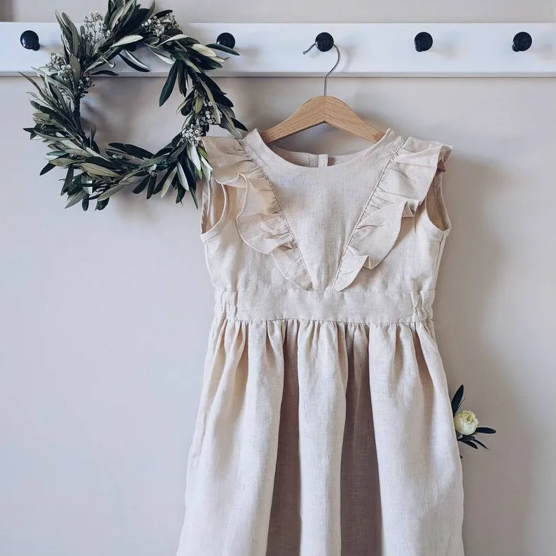 2021Boutique Baby Girl Skirt Flutter Sleeveless 100% Cotton Linen Dress Fashion Pleated Princess Dress with Back Button - Image 3