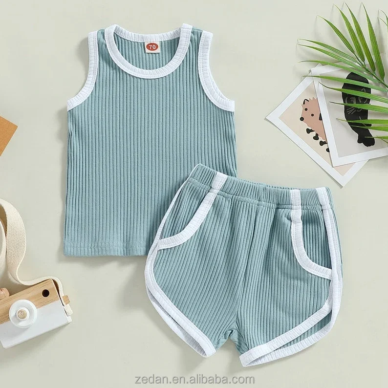 Custom Rib Neutral Kids Sleeveless Tank Top T-shirt & Shorts Baby Clothing Sets for Summer - Image 4