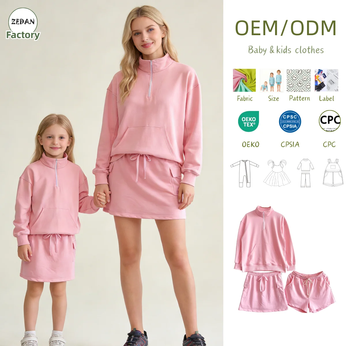 Custom Family Outfits Parent-Child Matching Half-Zip Sweatshirt Set Pink Fleece Family Loungewear Top with Skirt & Shorts
