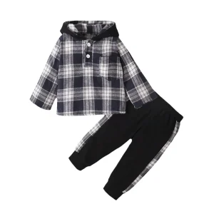 Custom Baby Kids Hoodie and Jogger Set Fall Flannel Plaid Coat with Pants Clothes Set