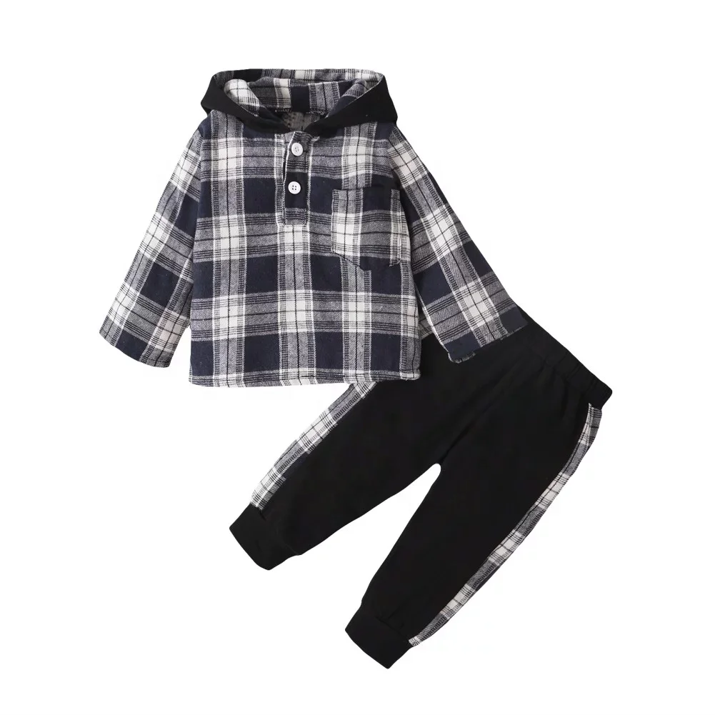 Custom Baby Kids Hoodie and Jogger Set Fall Flannel Plaid Coat with Pants Clothes Set