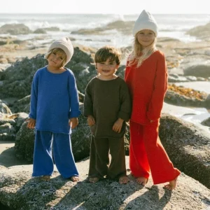 Cozy Unisex Kids 100% Cotton Oversize Knitted Outwear Set 2pcs Pullover Wide Leg Pants Casual Style