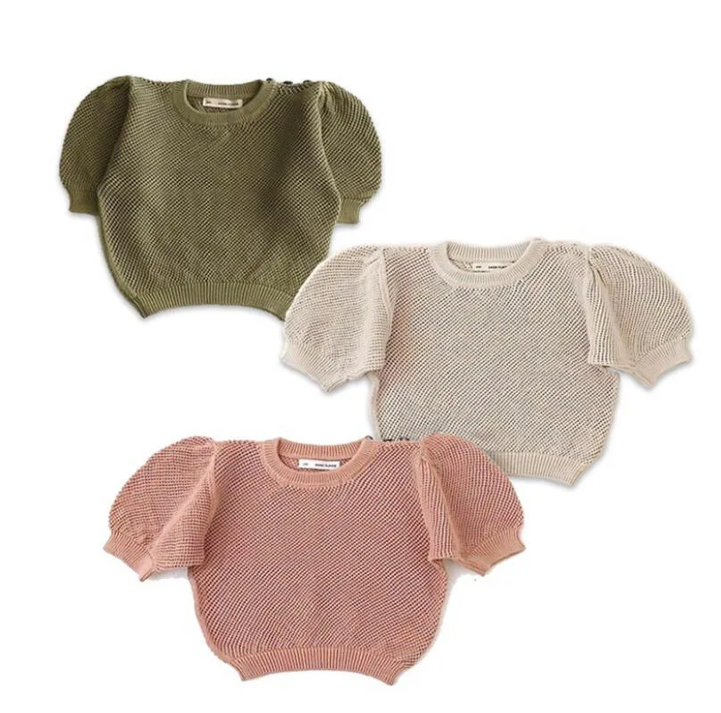 2024 New Summer Knitting Solid Color Puff Sleeve Shirt Toddler Girls Boutique Outfits T-shirt