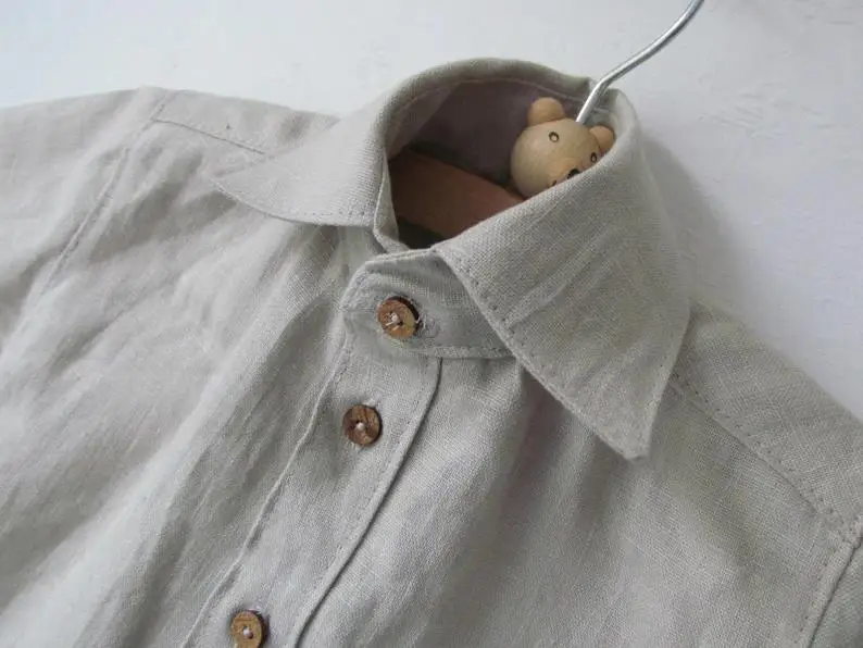 Custom Baby Boys Tee Shirt Linen Cotton Solid Color Short Sleeves Button up T-shirt for Boys Infant Clothes - Image 2