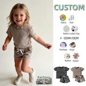 Custom Solid Acid Wash Cool Girls Oversize Two-Piece Soft T-Shirts & Shorts 100% Cotton Knitted Fabric Baby Girl Sets Clothes