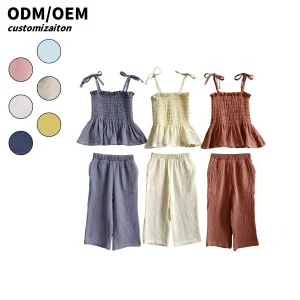 Custom Fashion Autumn Pattern Baby Girls Sleeveless Muslin Fabric Kids Girls Ruffle Straps Baby Clothing Set