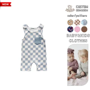 Custom Baby Sleeveless Ribbed Checkered Romper Jumpsuit Pocket Summer Cotton Spandex Button Lovely Popular Toddler Clothing