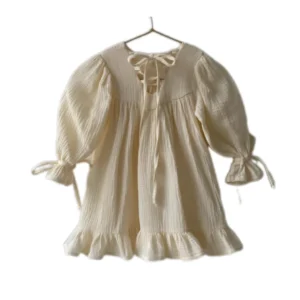 Custom Solid  Crepe  Bubble Sleeve Back Tie Princess Ruffle Big Skirt Dress for Baby Girls Clothes