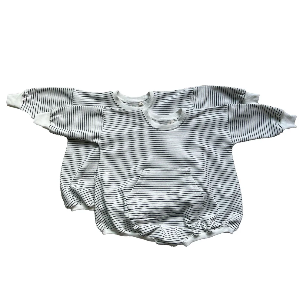New Design French Terry Long Sleeve Striped Baby Bubble Rompers with Pocket for Autumn - Image 4