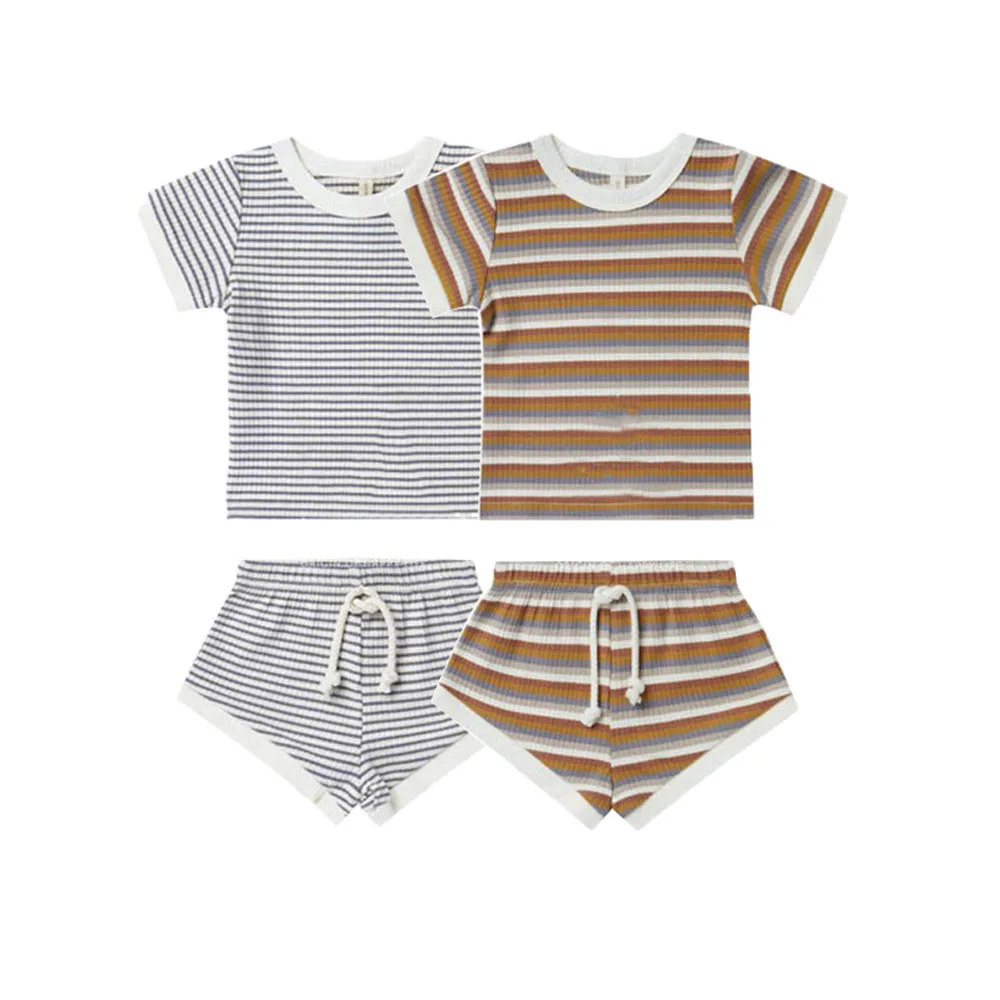 Custom Summer Infant Baby Stripe Ribbed Short Sleeve Shirt Match Drawstring Shorts Casual Tracksuits Kids Clothes Set - Image 2