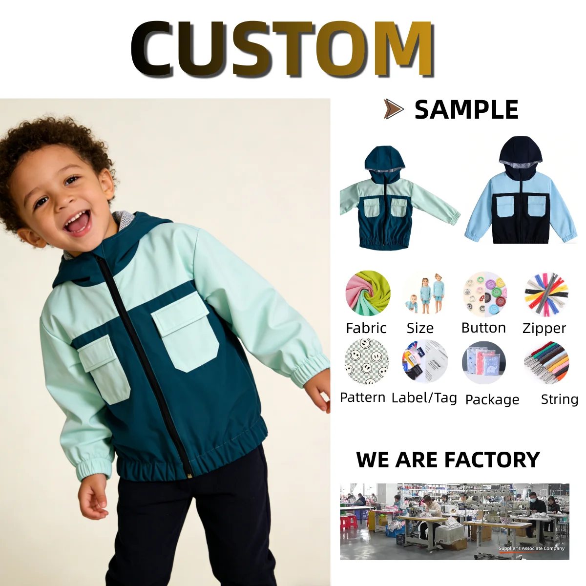 Wholesale Custom Baby Winter Jacket Long Sleeve Boy's Jacket Outwear with Zipper Clothes Coat Boys' Color-blocked Windbreaker