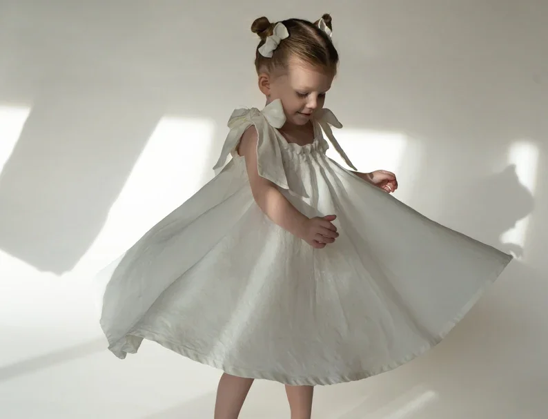 Girls Strap Cute Dress Sleeveless Bow Flared Princess Dress Kids Linen Cotton Cute Ruffle Dress - Image 2