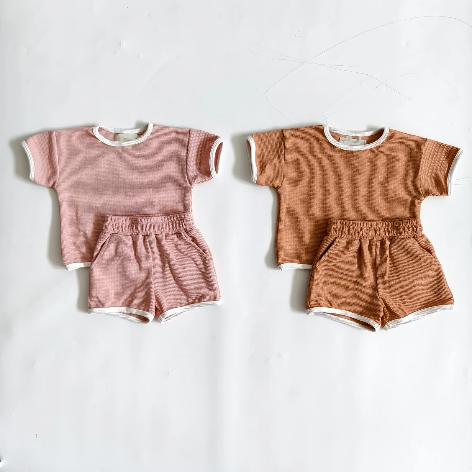 100% Cotton Custom Waffle Summer Baby Toddler Kids Short Casual Solid 2pcs Baby Clothing - Image 2