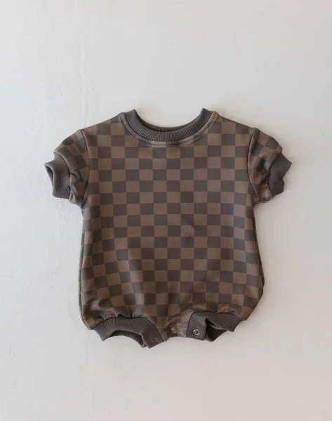 OEM Summer Unisex Checkboard lightning Short Sleeve Romper 95% Cotton 5% Spandex French Terry Jumpsuits - Image 5