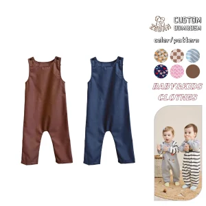 Custom Clothes Baby Girl Boy Overall Hot Selling Solid Cotton Linen Jumpsuit for Kids