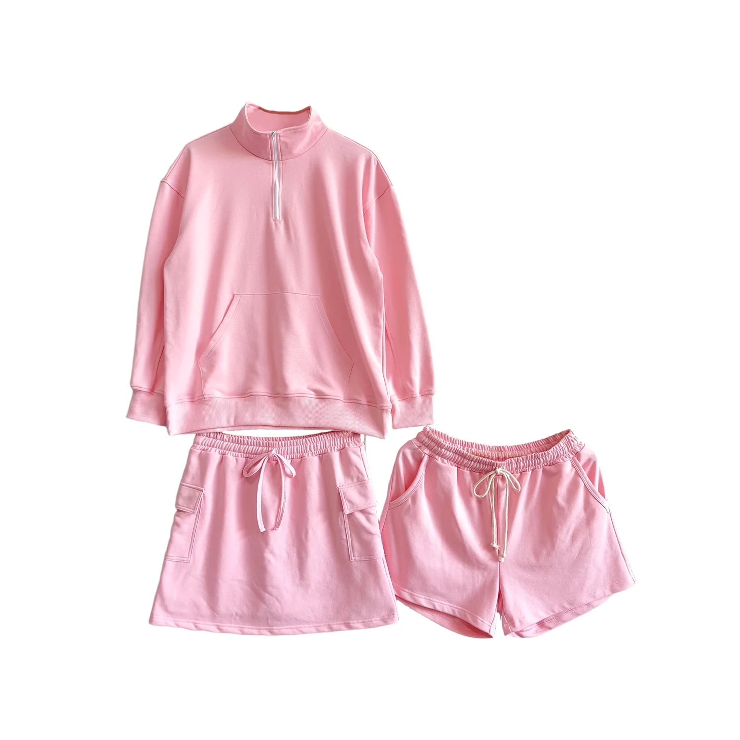 Custom Family Outfits Parent-Child Matching Half-Zip Sweatshirt Set Pink Fleece Family Loungewear Top with Skirt & Shorts - Image 2