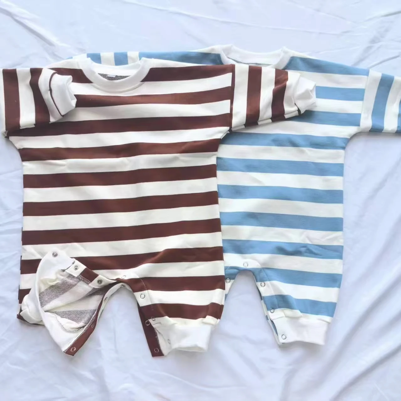 320gsm 100% Cotton Spring/Autumn Baby French Terry One-Piece Stripe Pattern Oversized Long Sleeves Romper