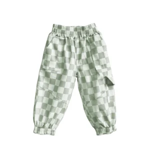 Custom Color Twill Fabric Baby Pants Unisex Plaid Pattern Knitted Design Drawstring for Spring Popular Breathable Baby Clothing