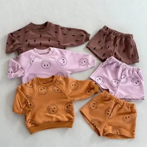 Ready to Ship Kids Set Autumn New Style French Terry Lightning Casual Sport Crewneck and Shorts 2-piece Set