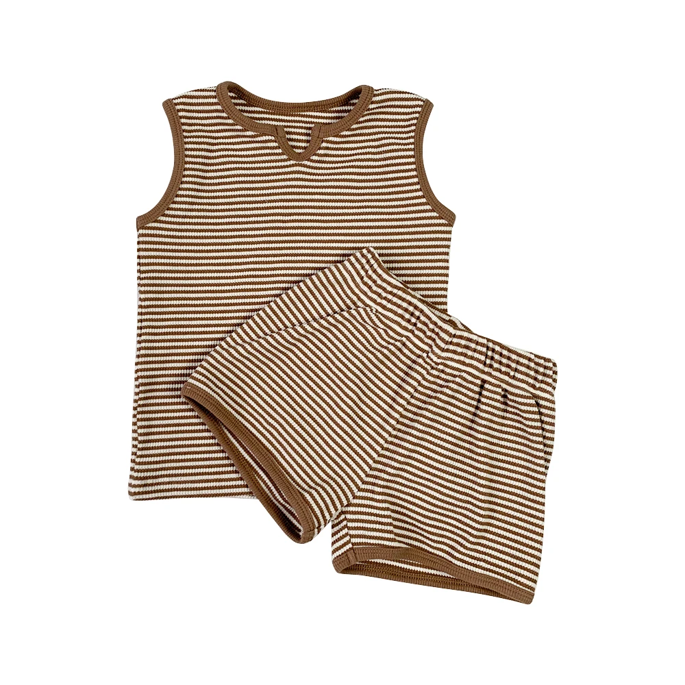 New Arrival Baby Toddler Summer Waffle Set Sleeveless Pocket Shirt and Shorts Custom Color Neutral Baby Outfit - Image 4