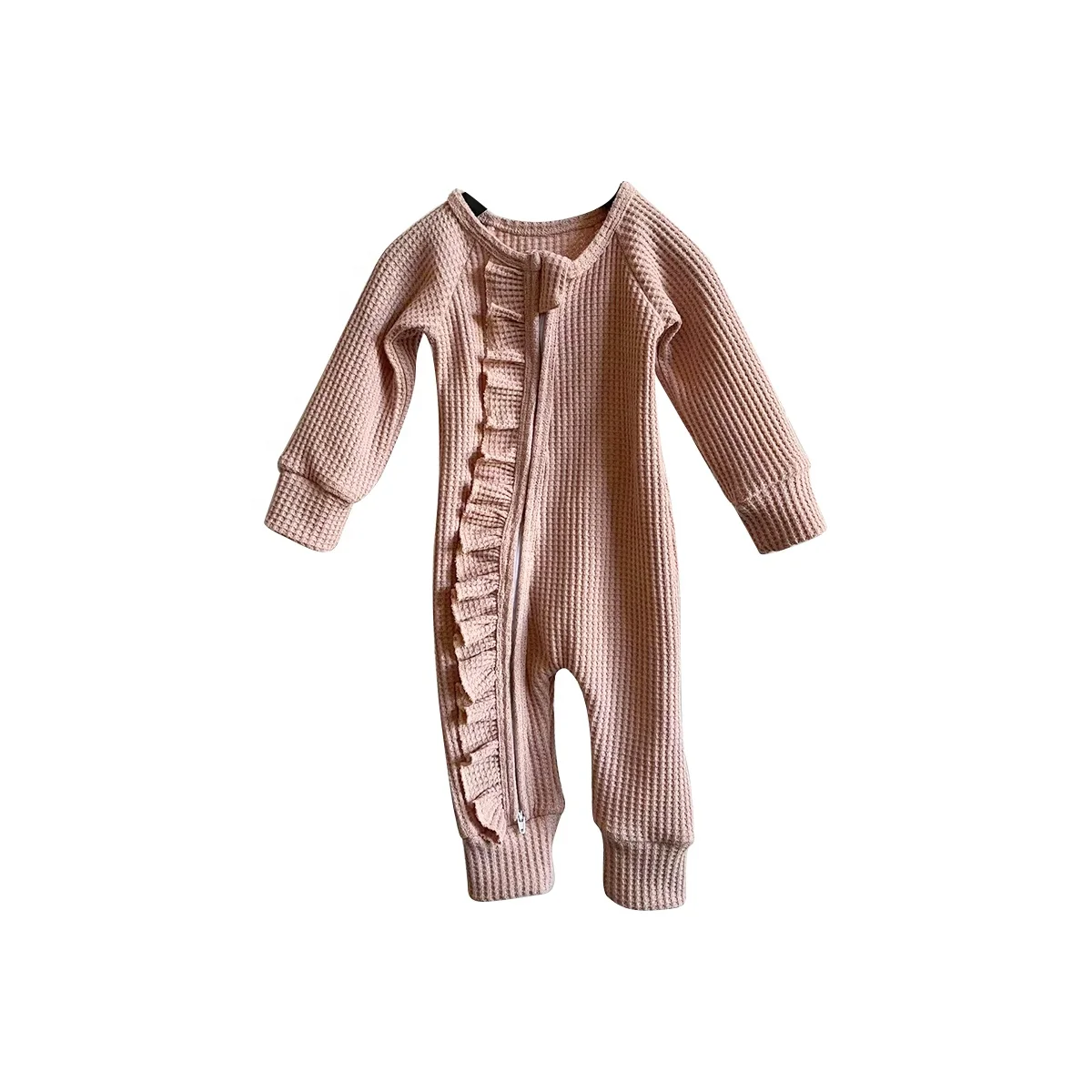 Custom Baby Ruffle Romper Waffle Knit Cotton Soft and Elastic Newborn Baby Girl Gift Pajamas Romper - Image 3