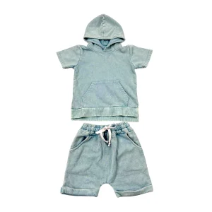 Kids Toddler Boys Girls Summer Retro Acid Wash Short Sleeve Hooded T-shirt and Shorts Clothing Set