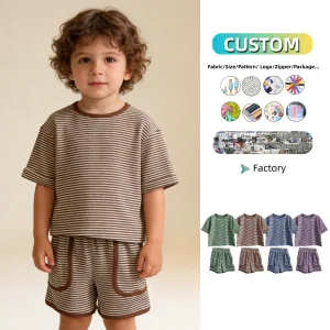 Soft Short Sleeve Waffle Striped Suit Sports T-Shirt and Shorts Set for Children Striped Baby Clothing Summer Two-Piece Outfit