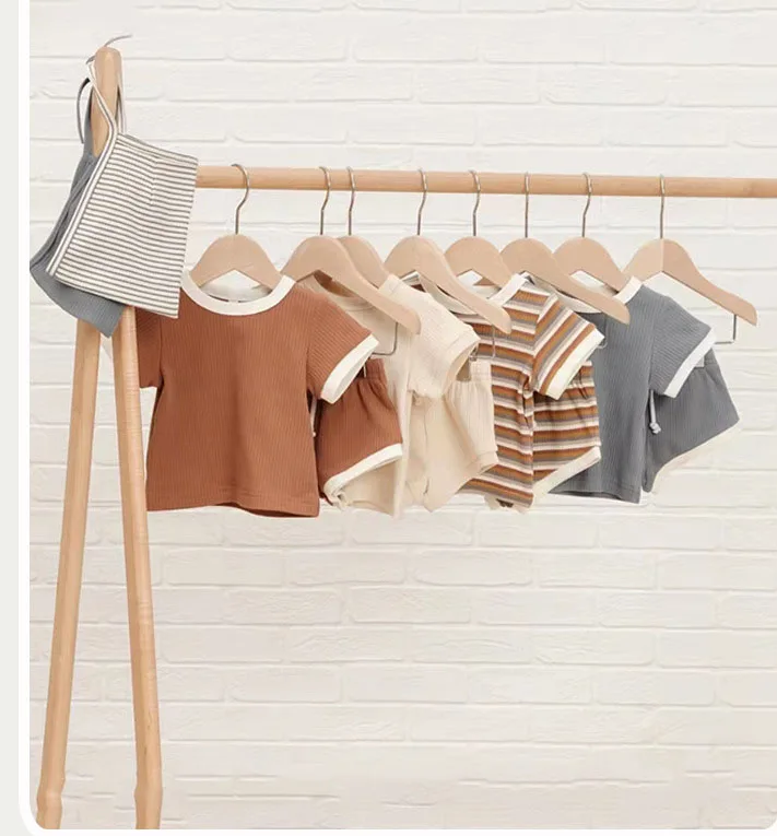 Custom Summer Infant Baby Stripe Ribbed Short Sleeve Shirt Match Drawstring Shorts Casual Tracksuits Kids Clothes Set - Image 4