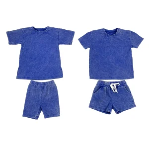 Retro Knitted Cotton Soft Short Sleeve Top and Bike Shorts Vintage Acid Wash Baby Girls Suit Boys Summer Clothes