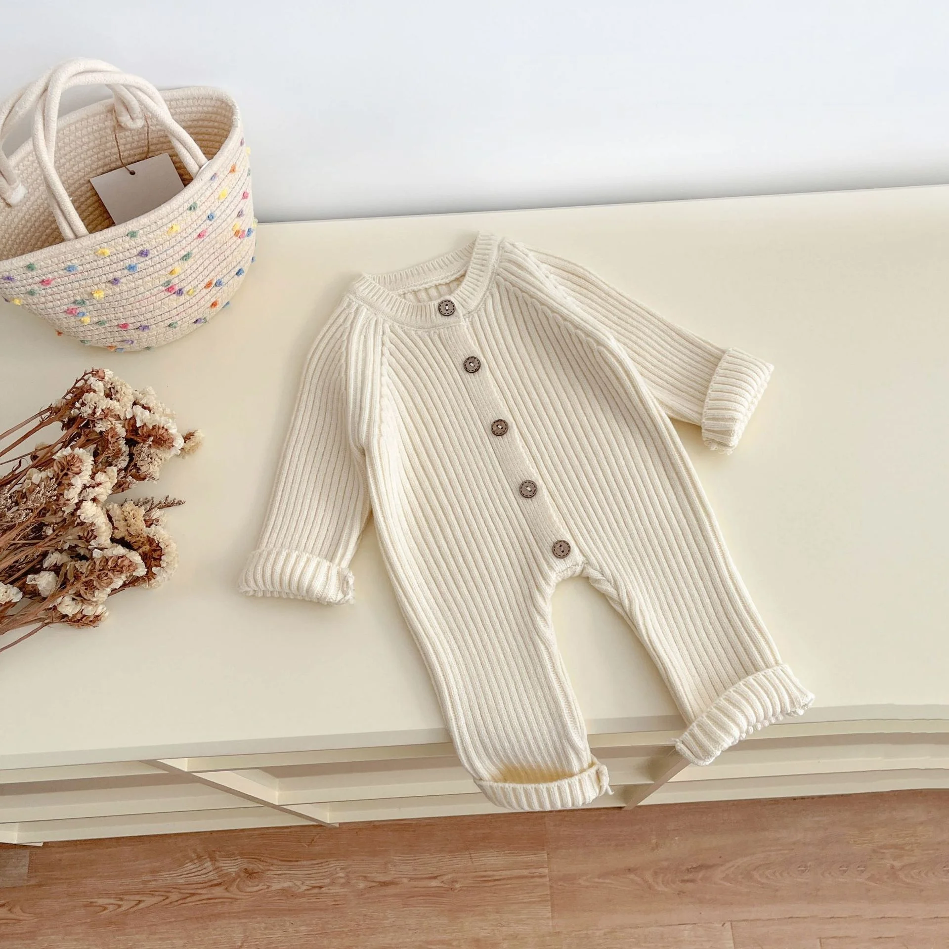RTS Knit Newborn Baby Winter Solid Sweater Long Sleeve Button Romper - Image 4