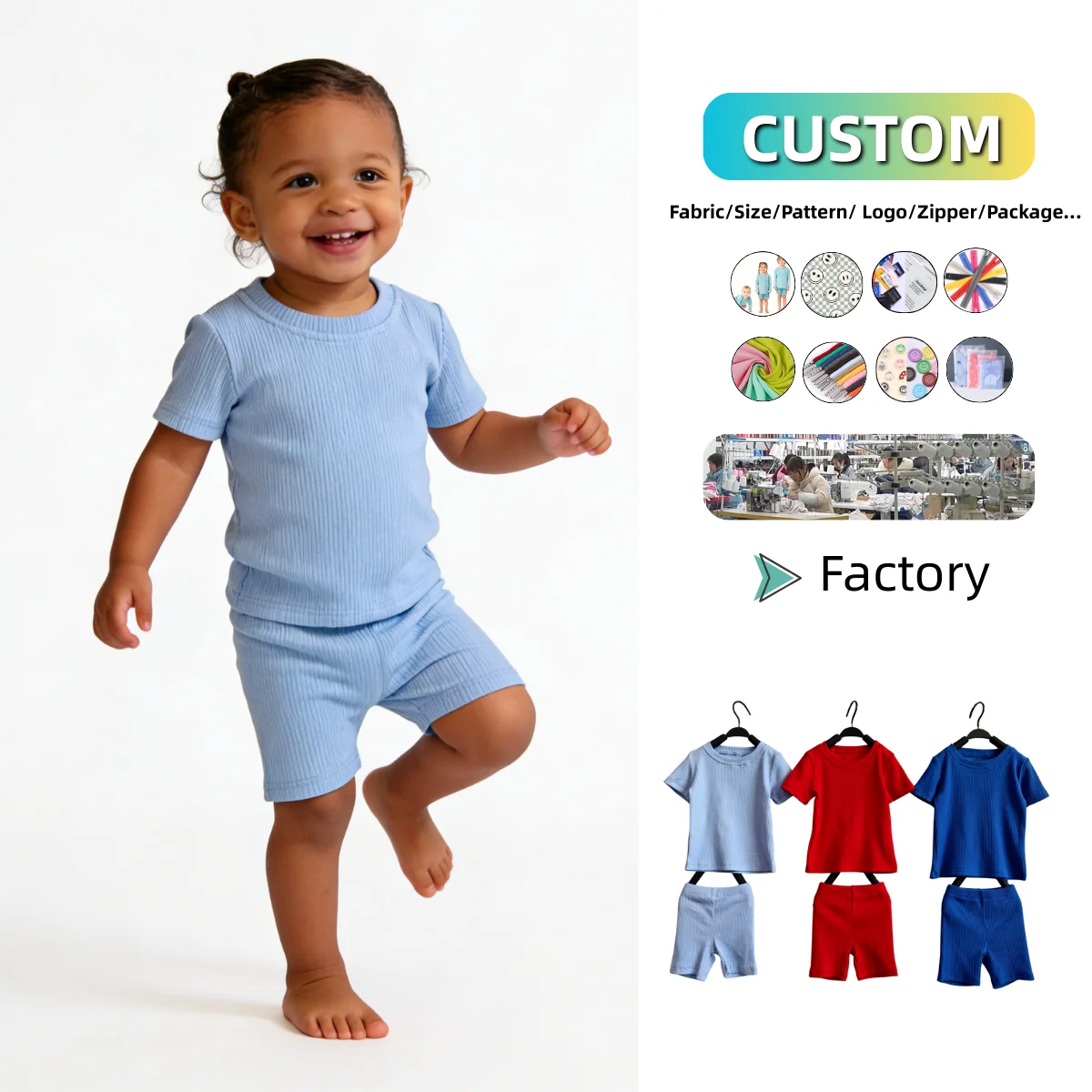 Comfortable Sweatshirt Children's Suit Cotton Pit Stripe Rib 2 Pieces Summer Set Suitable for 0 - 8 Years Old Baby Suit